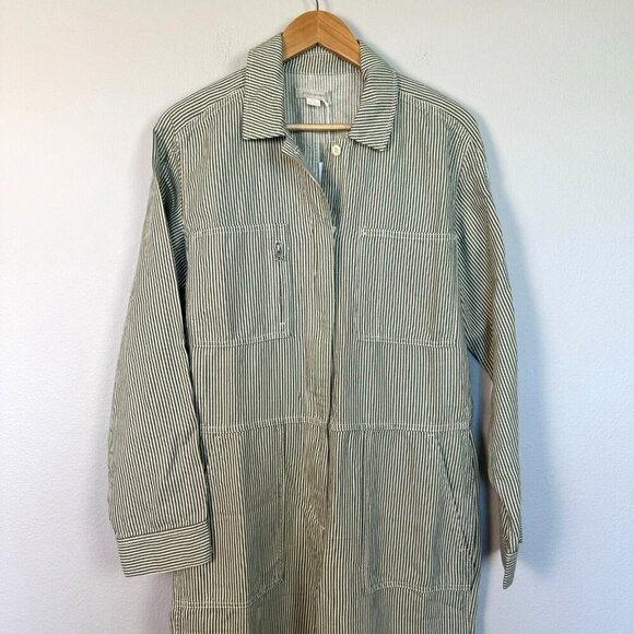 Outerknown Women’s Station Jumpsuit Long Sleeve Pockets Pinstripe Green Cream S - Picture 2 of 15